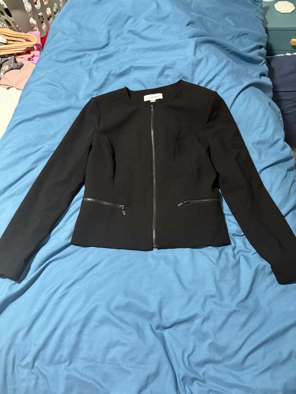 Calvin Klein Zip Front Blazer Size 10 Black Collarless Career Jacket